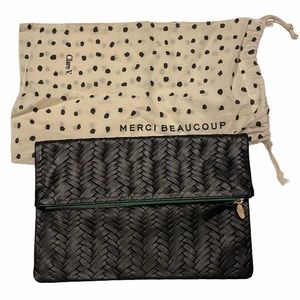 Clare V. Black Herringbone Leather Foldover Clutch